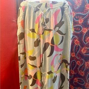Summer Leaf Print wide leg pants with multicolored design. Popping colors